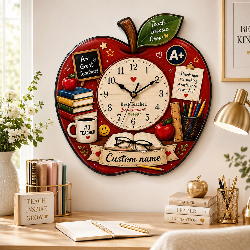 Teacher apple Custom Name Wall Clock — personalized with a custom name