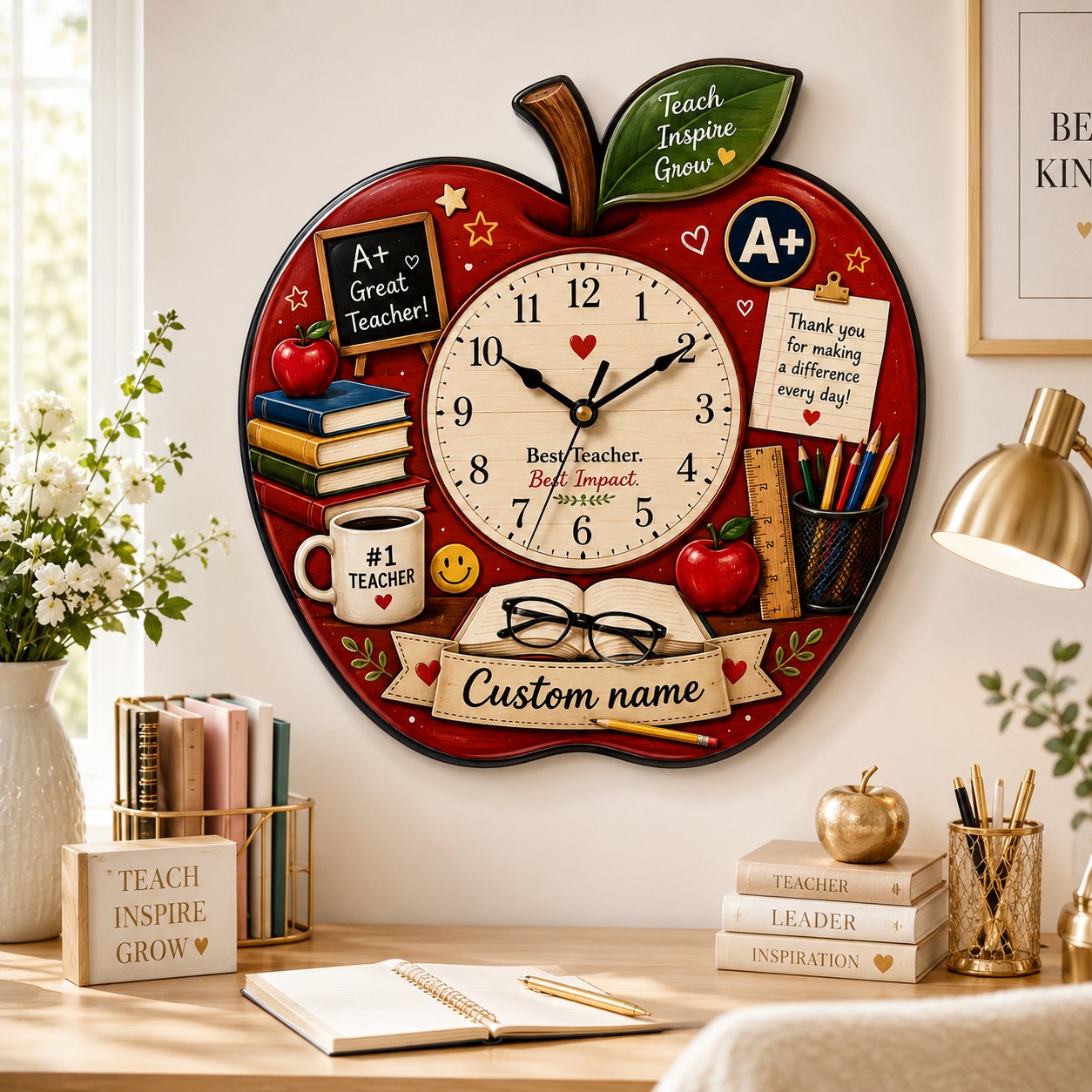 Teacher apple Custom Name Wall Clock — personalized with a custom name