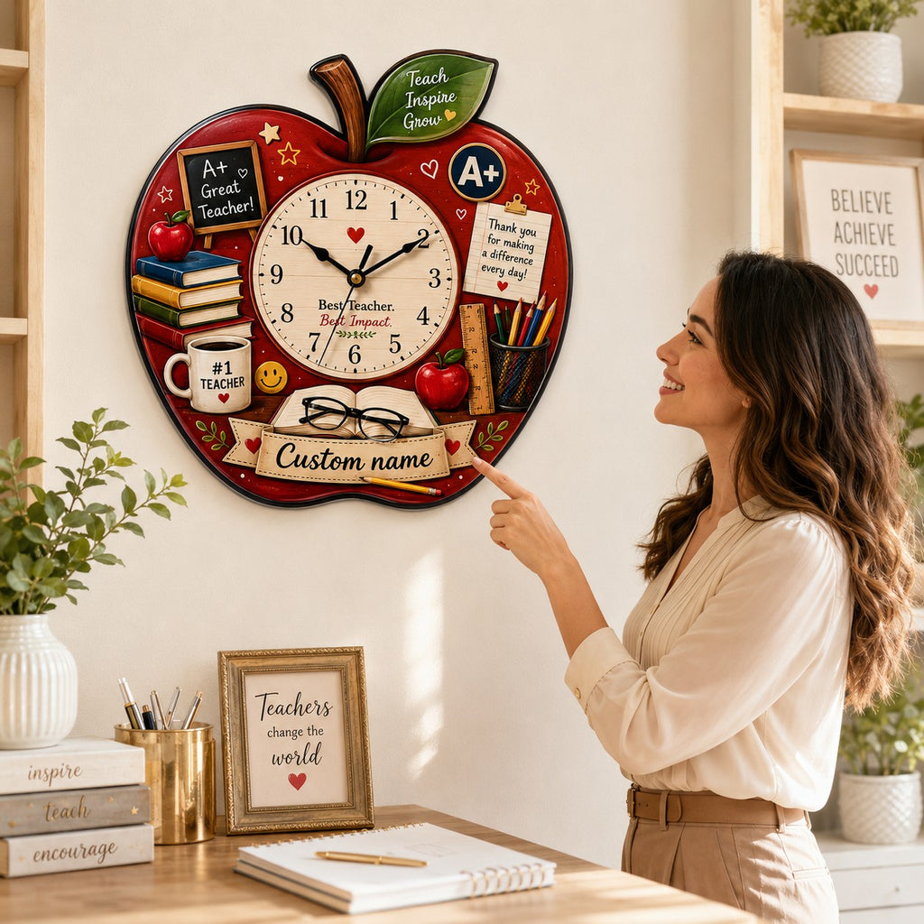 Teacher apple Custom Name Wall Clock — personalized with a custom name