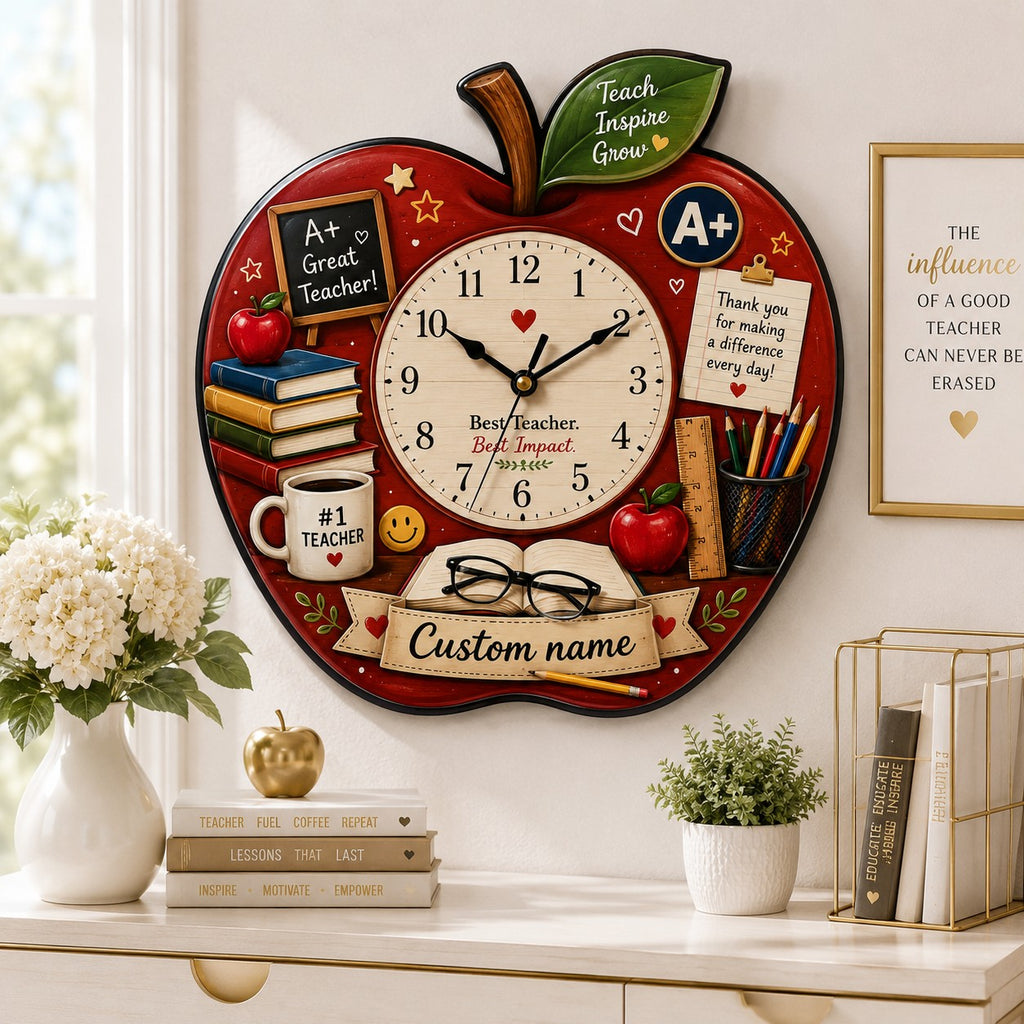 Teacher apple Custom Name Wall Clock — personalized with a custom name