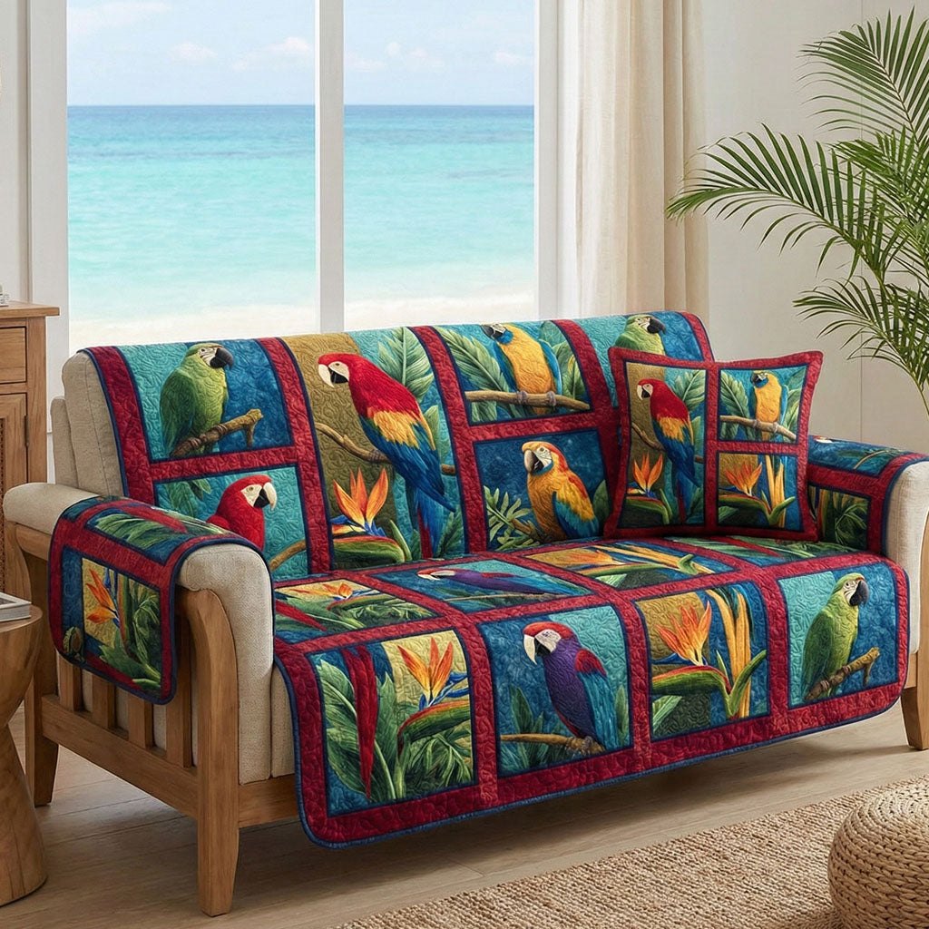 Parrots on Teal Patchwork Sofa Cover