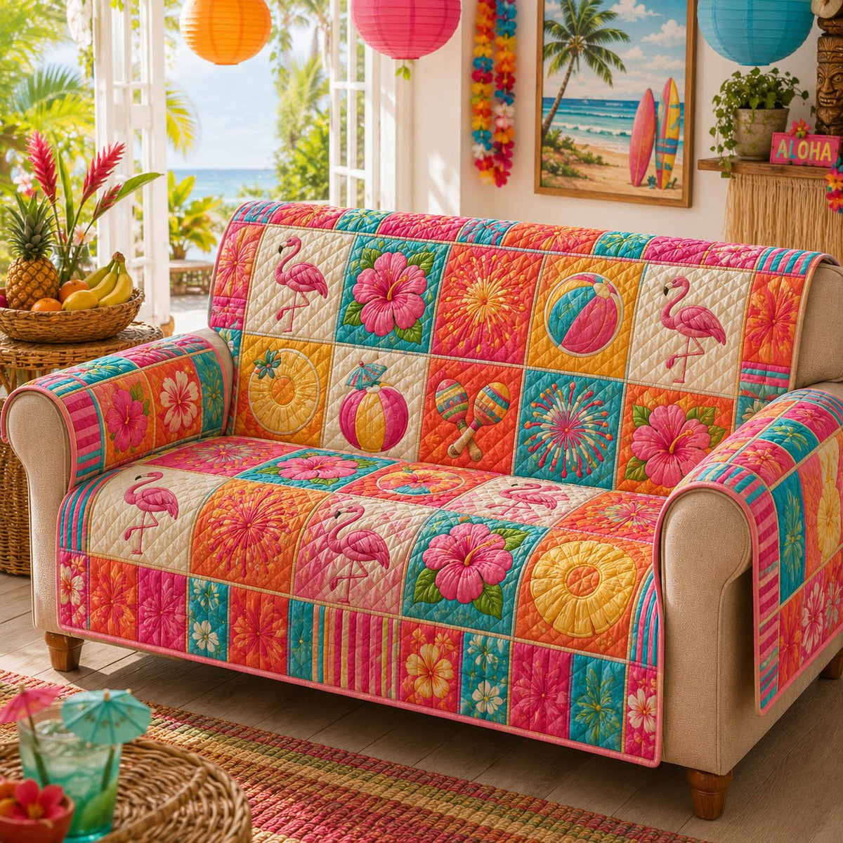 Flamingos and Tropical Fruit Squares Sofa Cover