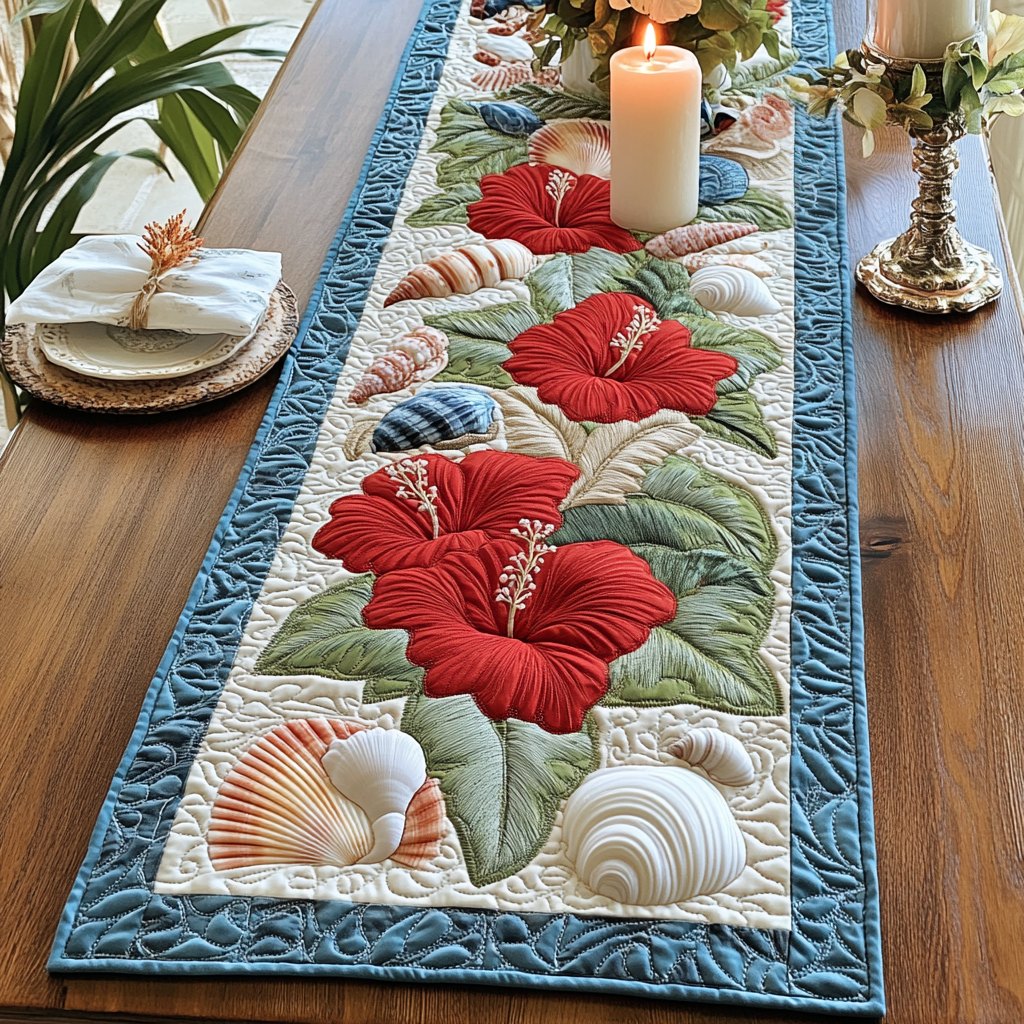 Red Hibiscus with Shells on Blue Table Runner