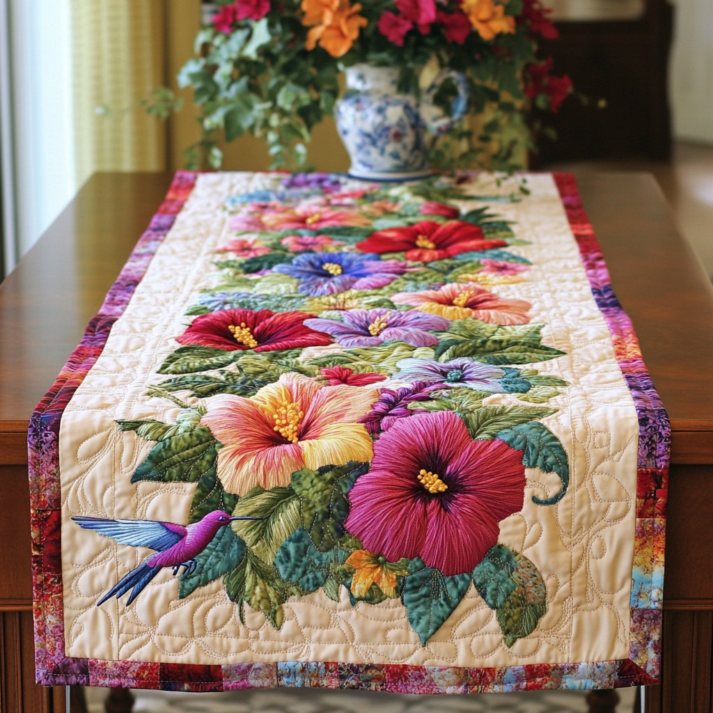 Colorful Hibiscus with Hummingbird on Cream Table Runner