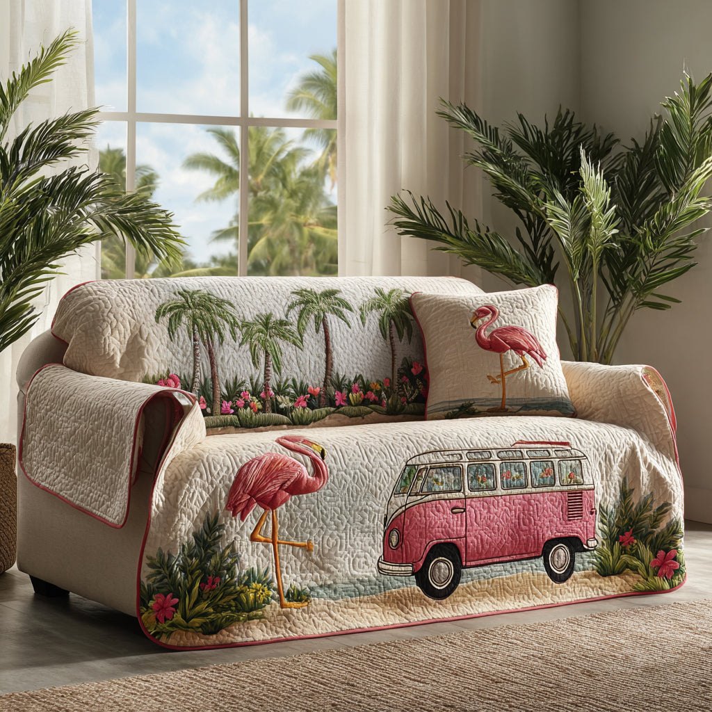 Flamingo with Pink Van and Palms Sofa Cover