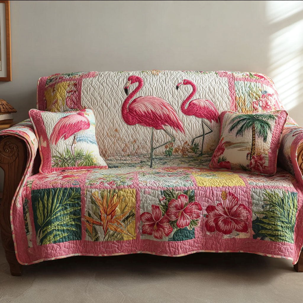 Flamingos with Tropical Flowers Sofa Cover