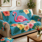 Flamingo with Hibiscus on Blue Sofa Cover
