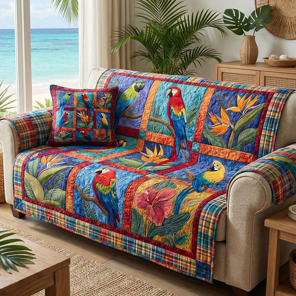 Parrots on Blue Tropical Patchwork Sofa Cover