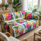 Pink Hibiscus on White and Green Sofa Cover