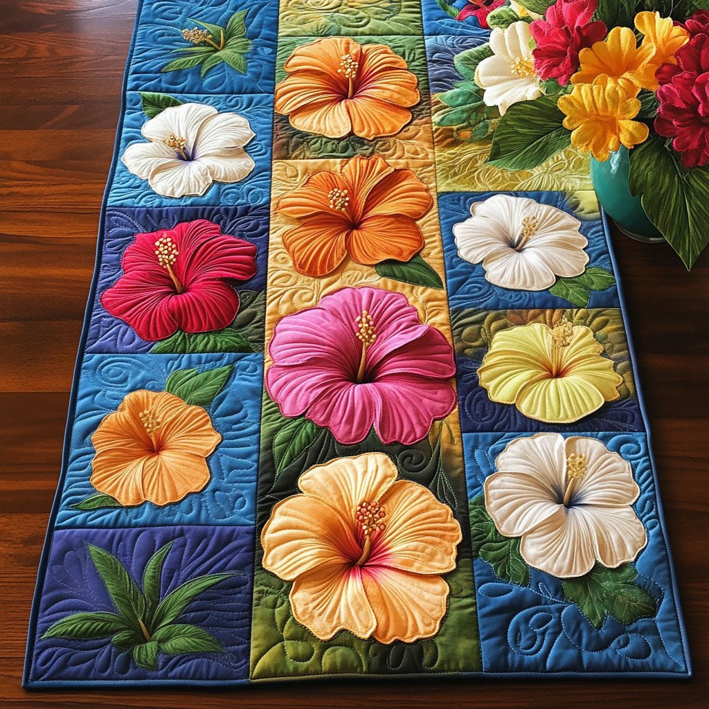 Hibiscus Blocks on Blue Panel Table Runner
