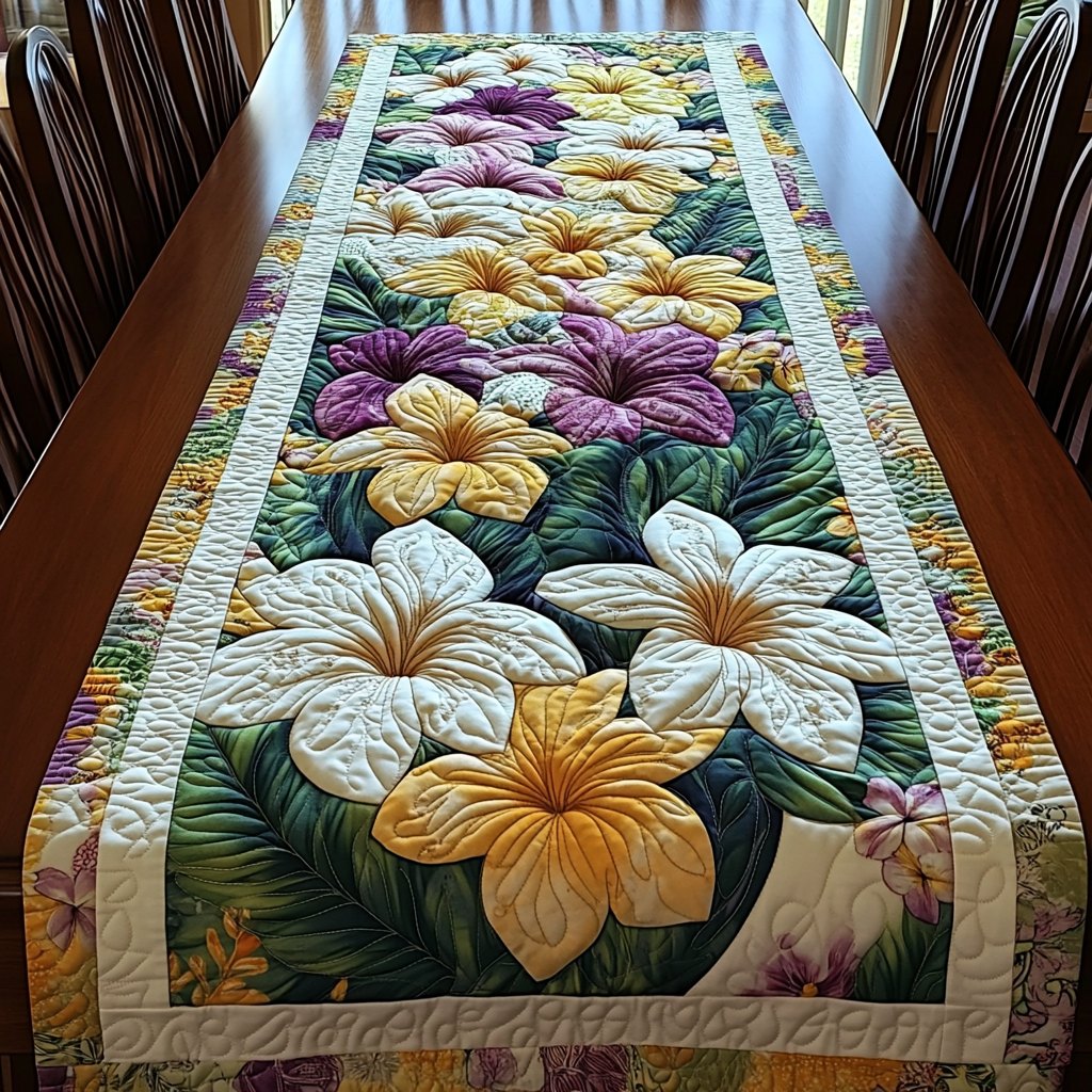 White Hibiscus with Purple Blooms Table Runner