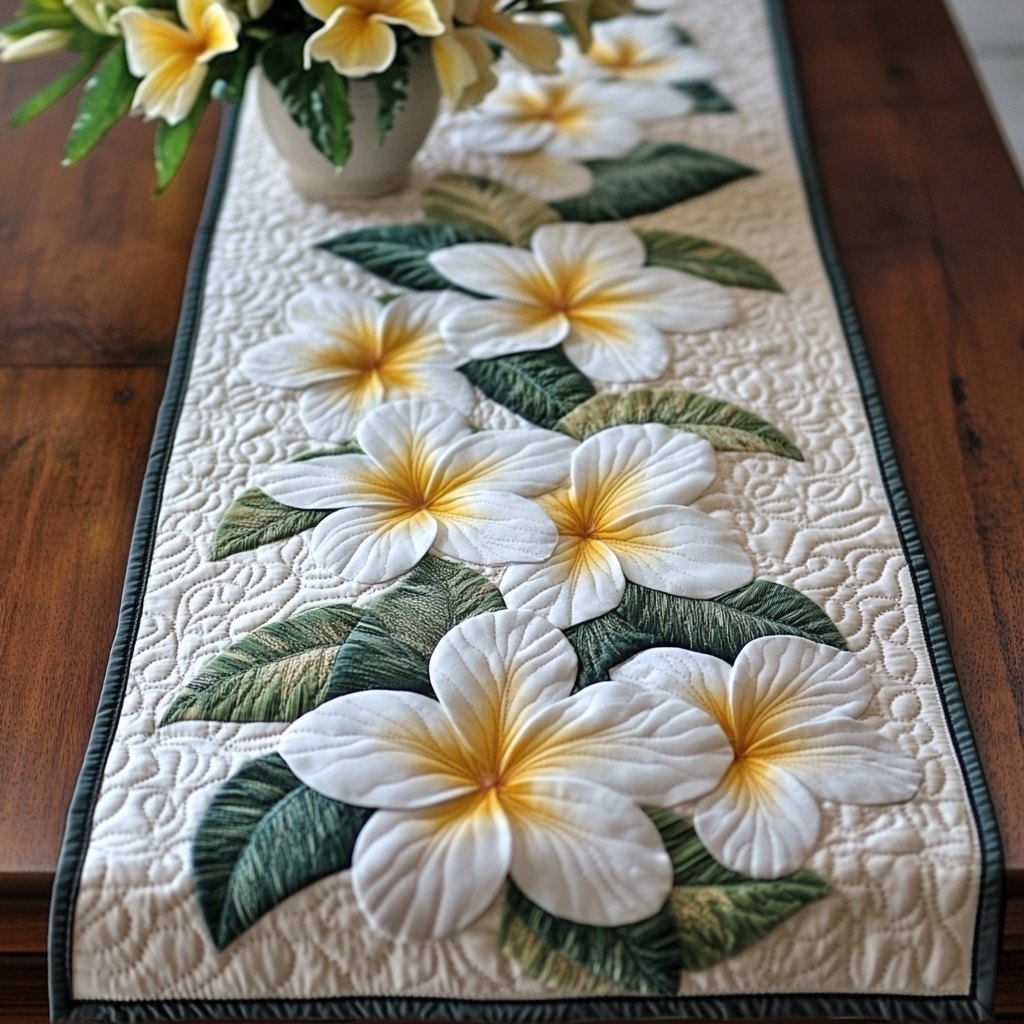 White Plumeria on Cream Panel Table Runner
