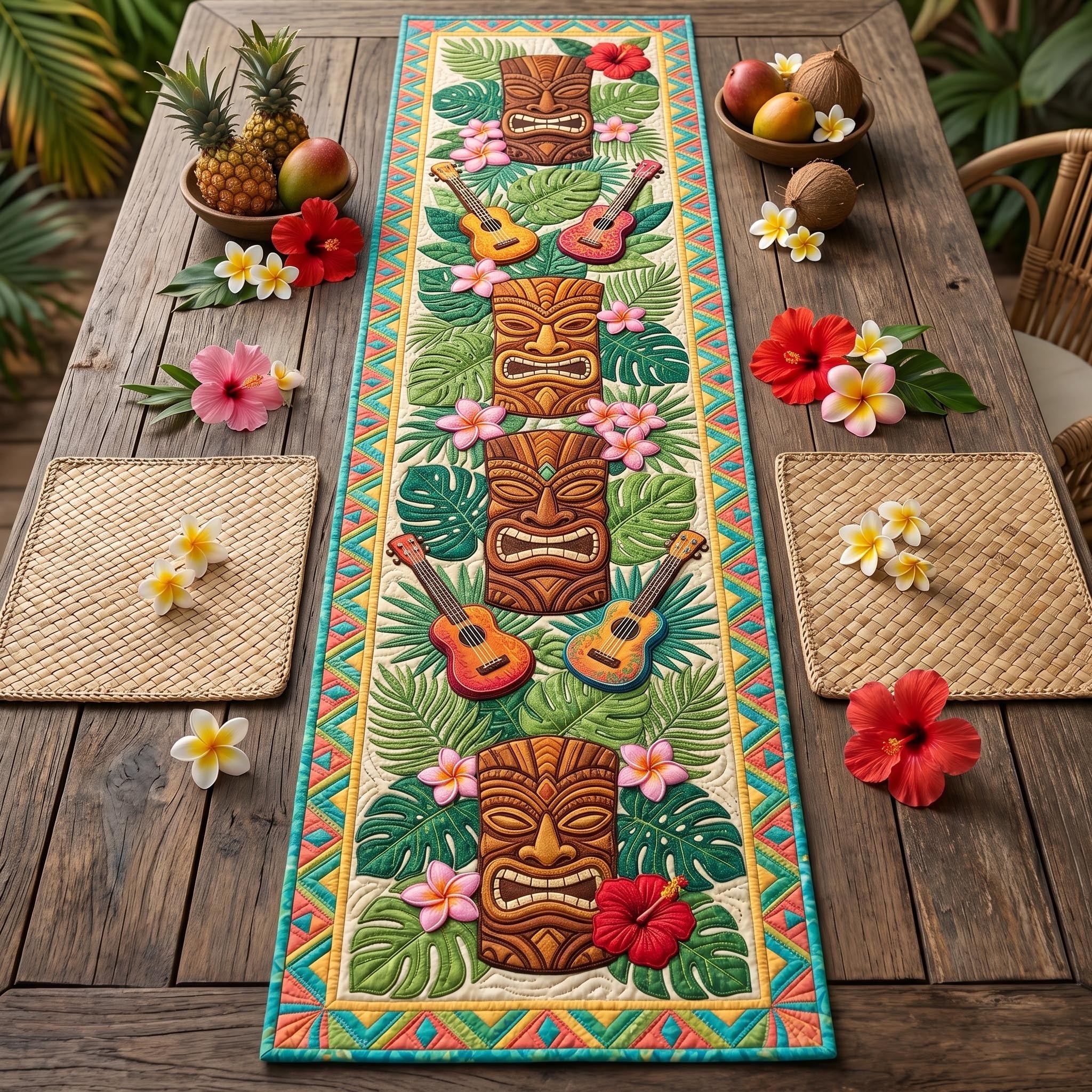 Tiki Totems with Ukuleles Table Runner