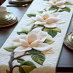 White Magnolia on Cream and Green Table Runner