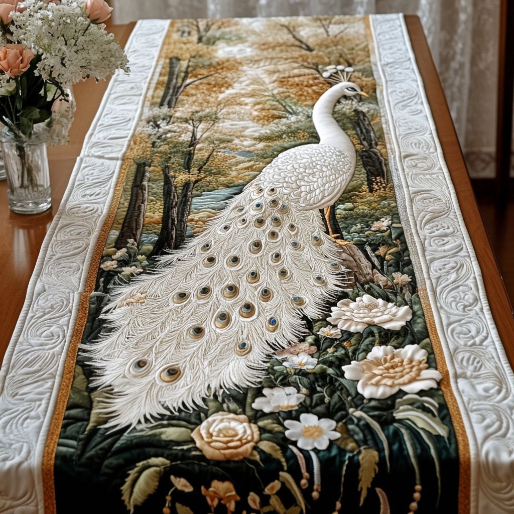 White Peacock with White Roses Table Runner