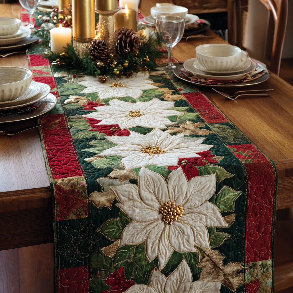 White Poinsettia with Green and Red Table Runner