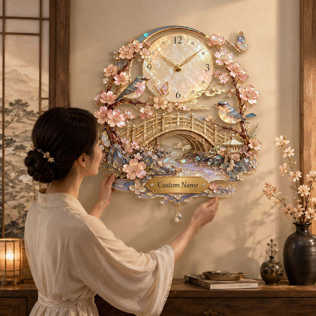 Sakura bird Custom Name Wall Clock — personalized with a custom name