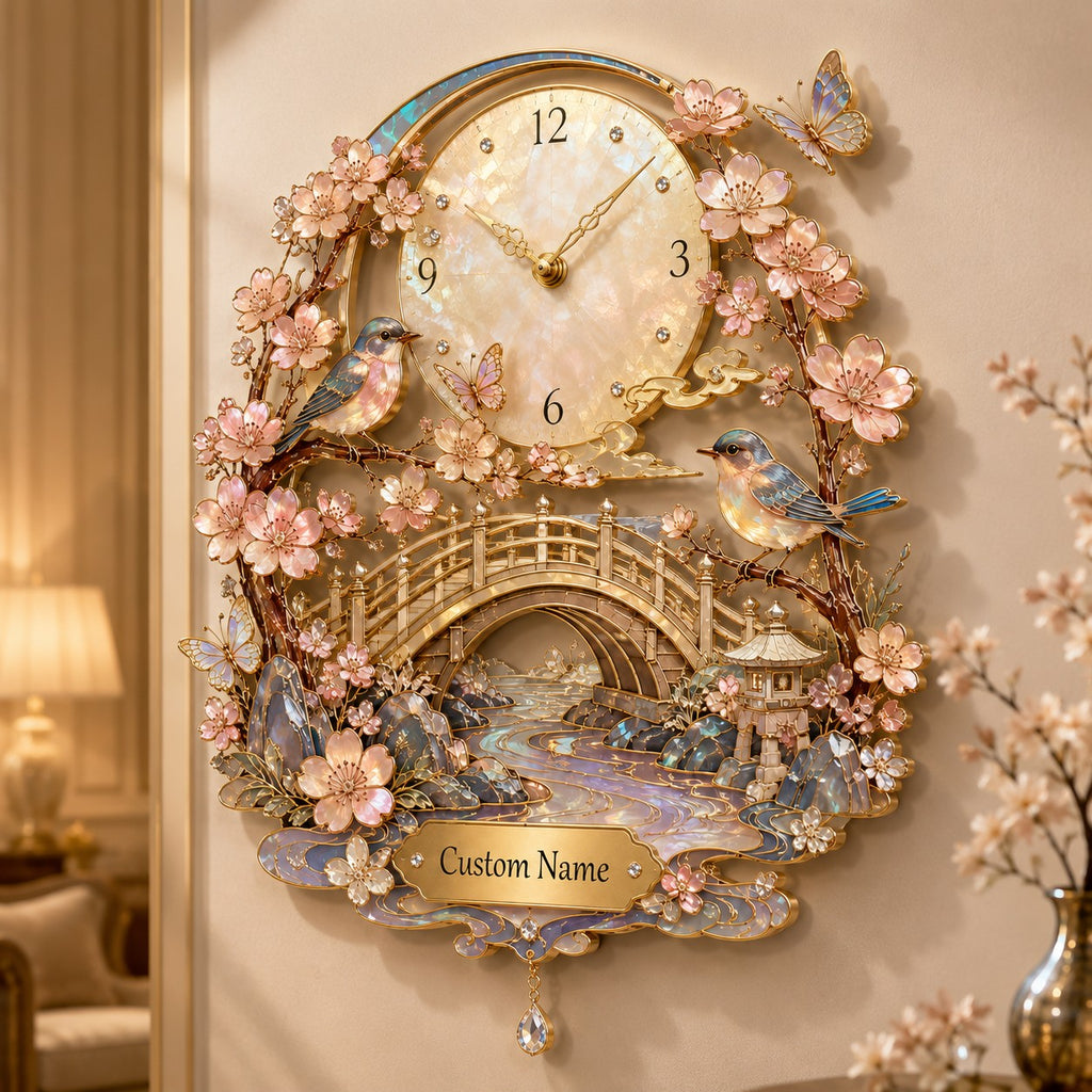 Sakura bird Custom Name Wall Clock — personalized with a custom name