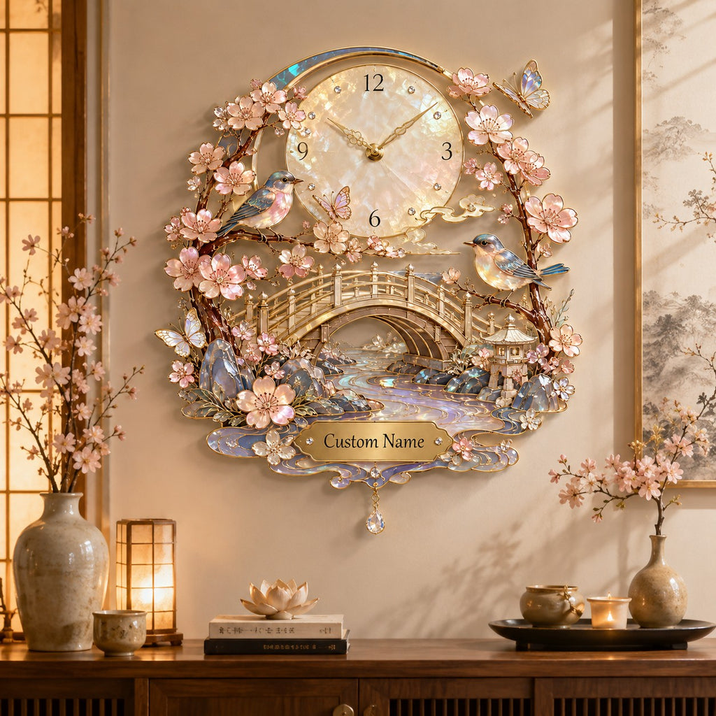 Sakura bird Custom Name Wall Clock — personalized with a custom name