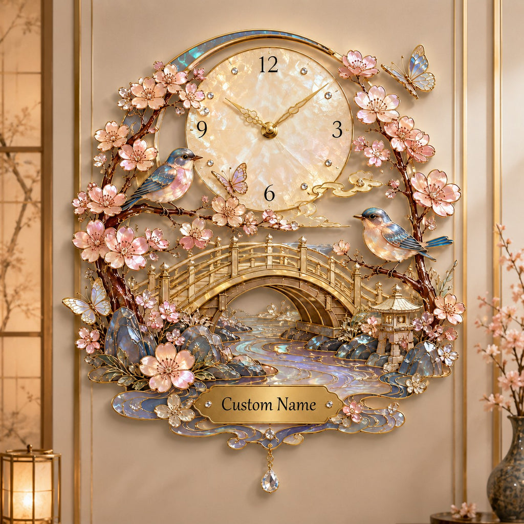 Sakura bird Custom Name Wall Clock — personalized with a custom name