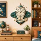Personalized Retro Rocket Wall Clock with a custom name set into the design