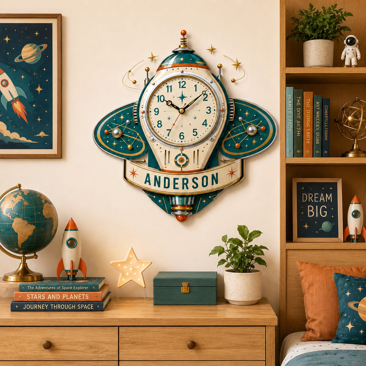 Retro rocket Custom Name Wall Clock — personalized with a custom name