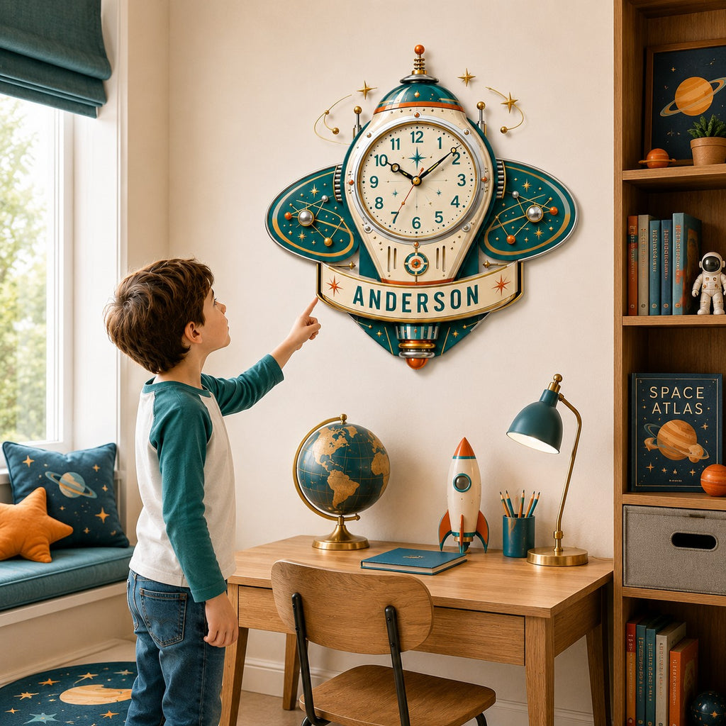 Retro rocket Custom Name Wall Clock — personalized with a custom name