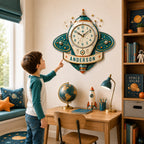 Personalized Retro Rocket Wall Clock with a custom name set into the design