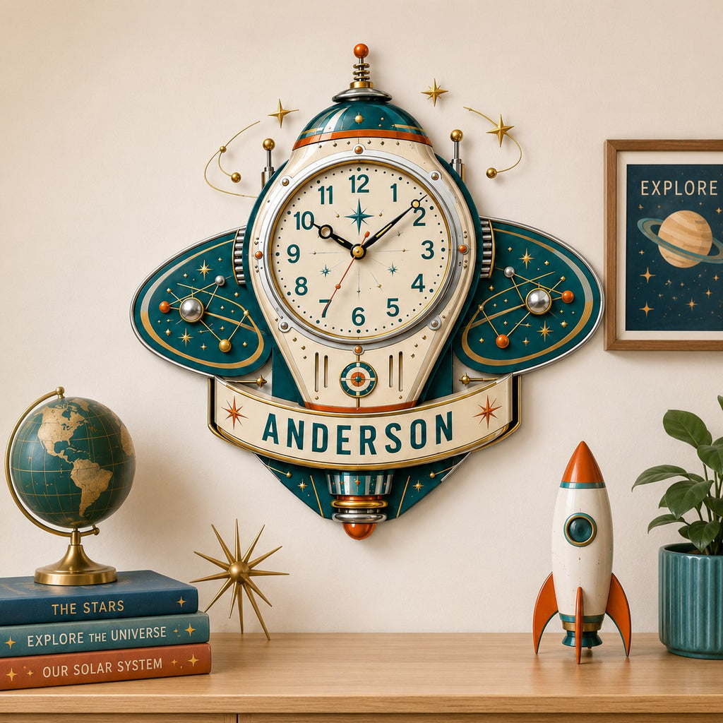 Retro rocket Custom Name Wall Clock — personalized with a custom name