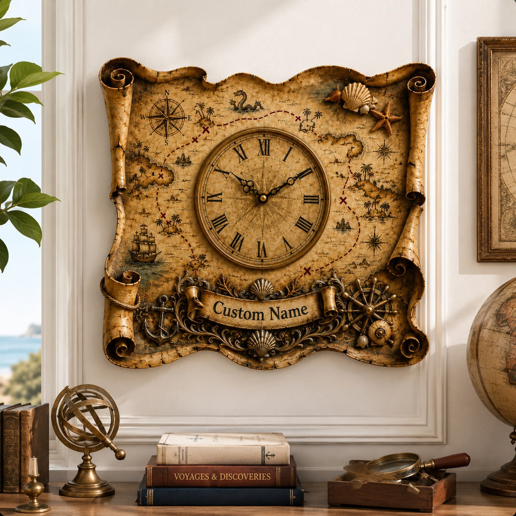 Treasure map Custom Name Wall Clock — personalized with a custom name