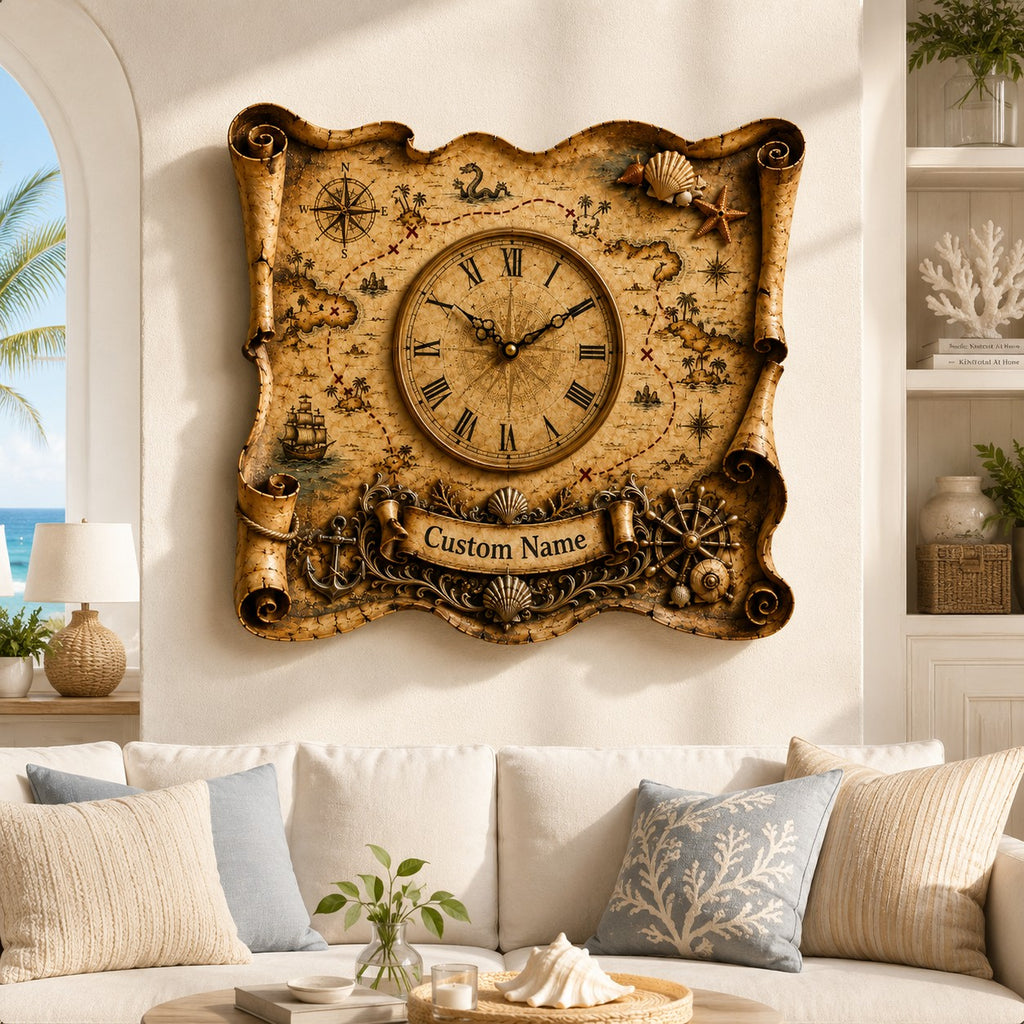 Treasure map Custom Name Wall Clock — personalized with a custom name