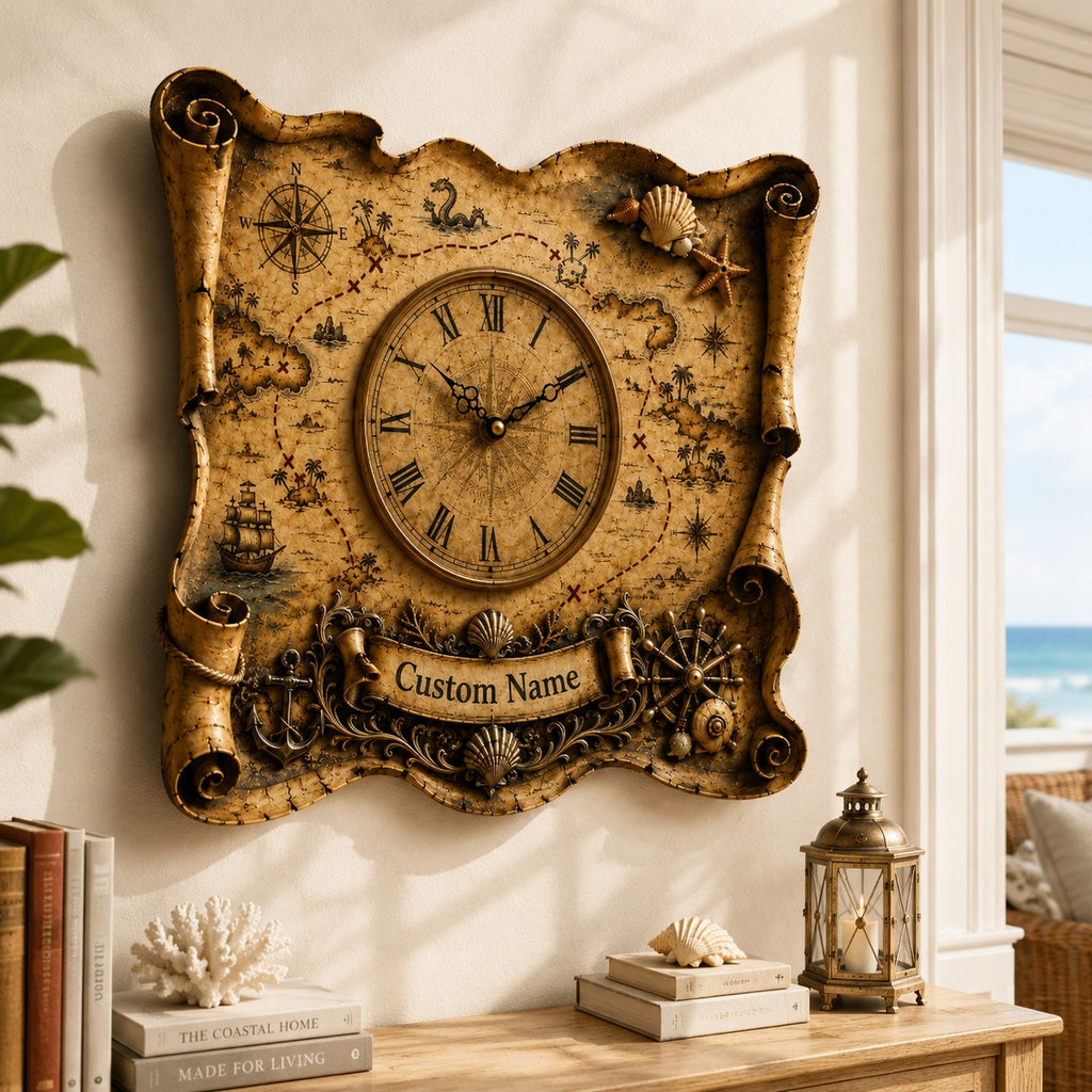 Treasure map Custom Name Wall Clock — personalized with a custom name