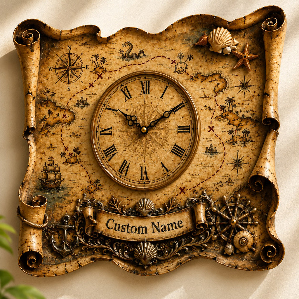 Treasure map Custom Name Wall Clock — personalized with a custom name