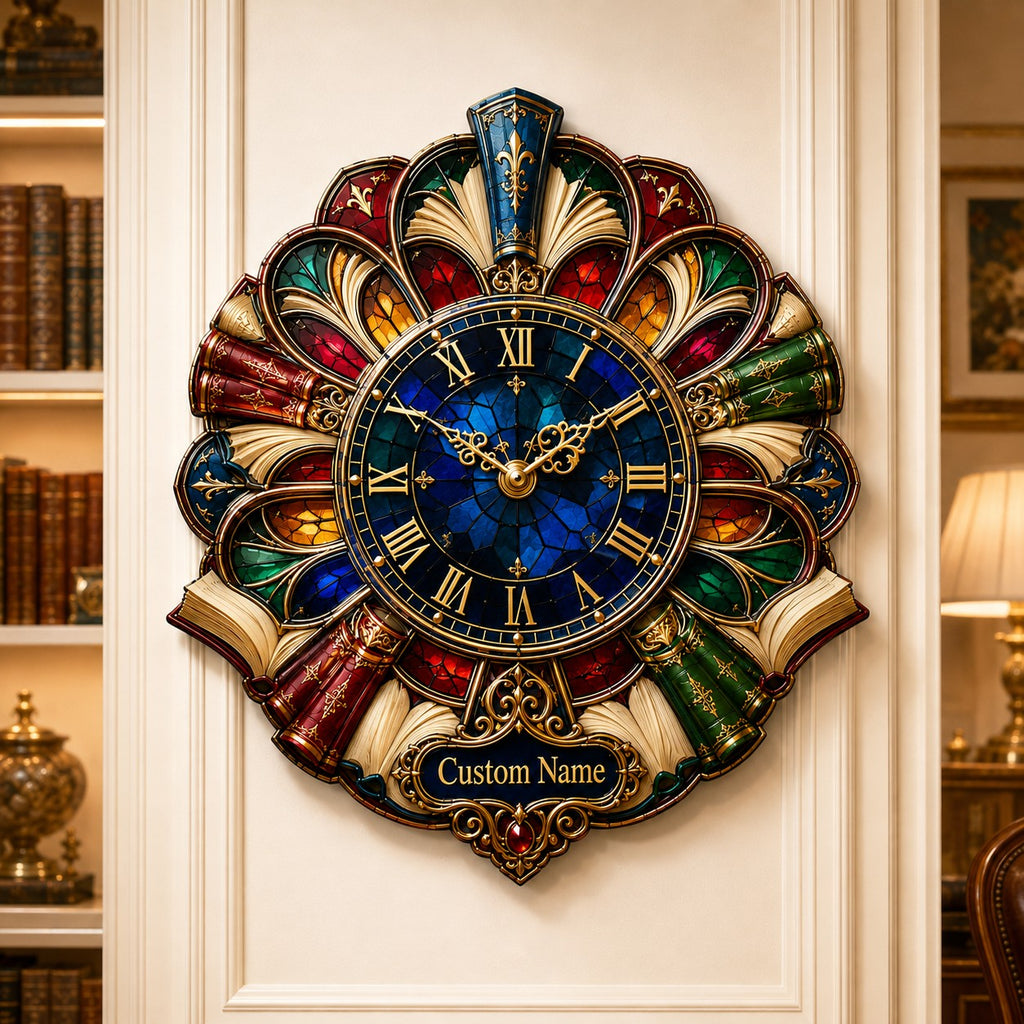 Stained Glass Book Personalized Wall Clock — personalized with a custom name
