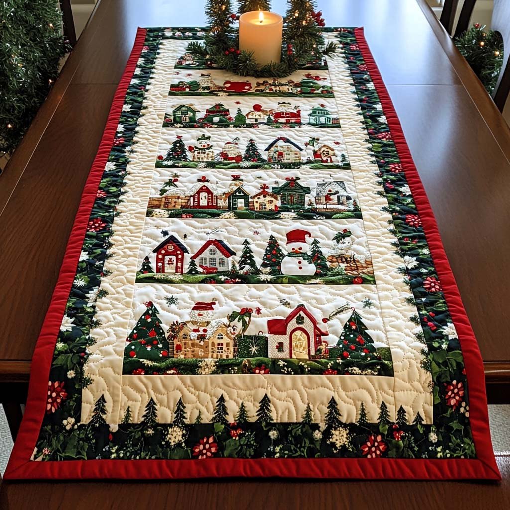Christmas Village Houses in a Row Table Runner