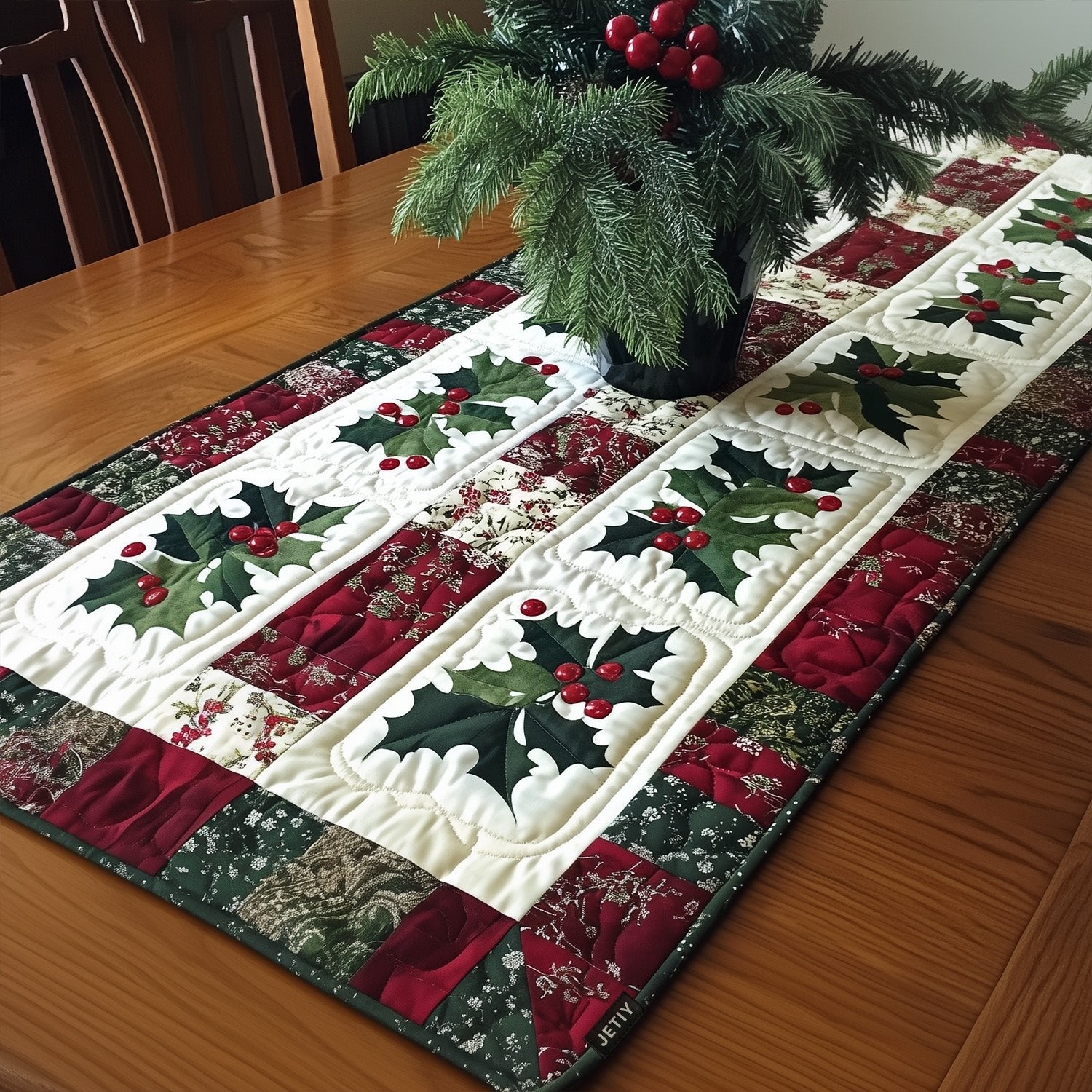 Holly Blocks on Cream and Red Table Runner
