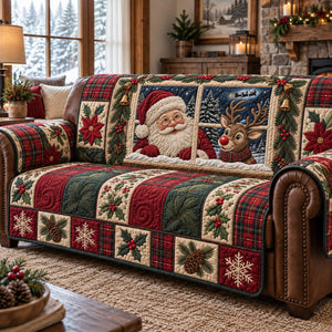 Santa Reindeer Plaid Window Sofa Cover - Made to Order