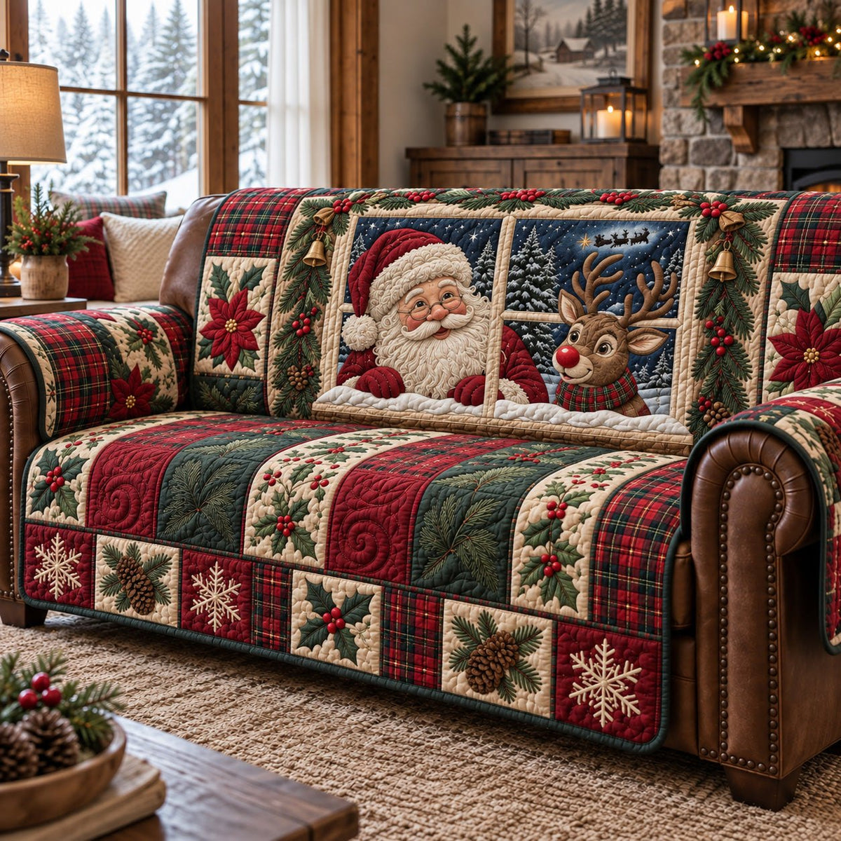 Santa Reindeer Plaid Window Sofa Cover