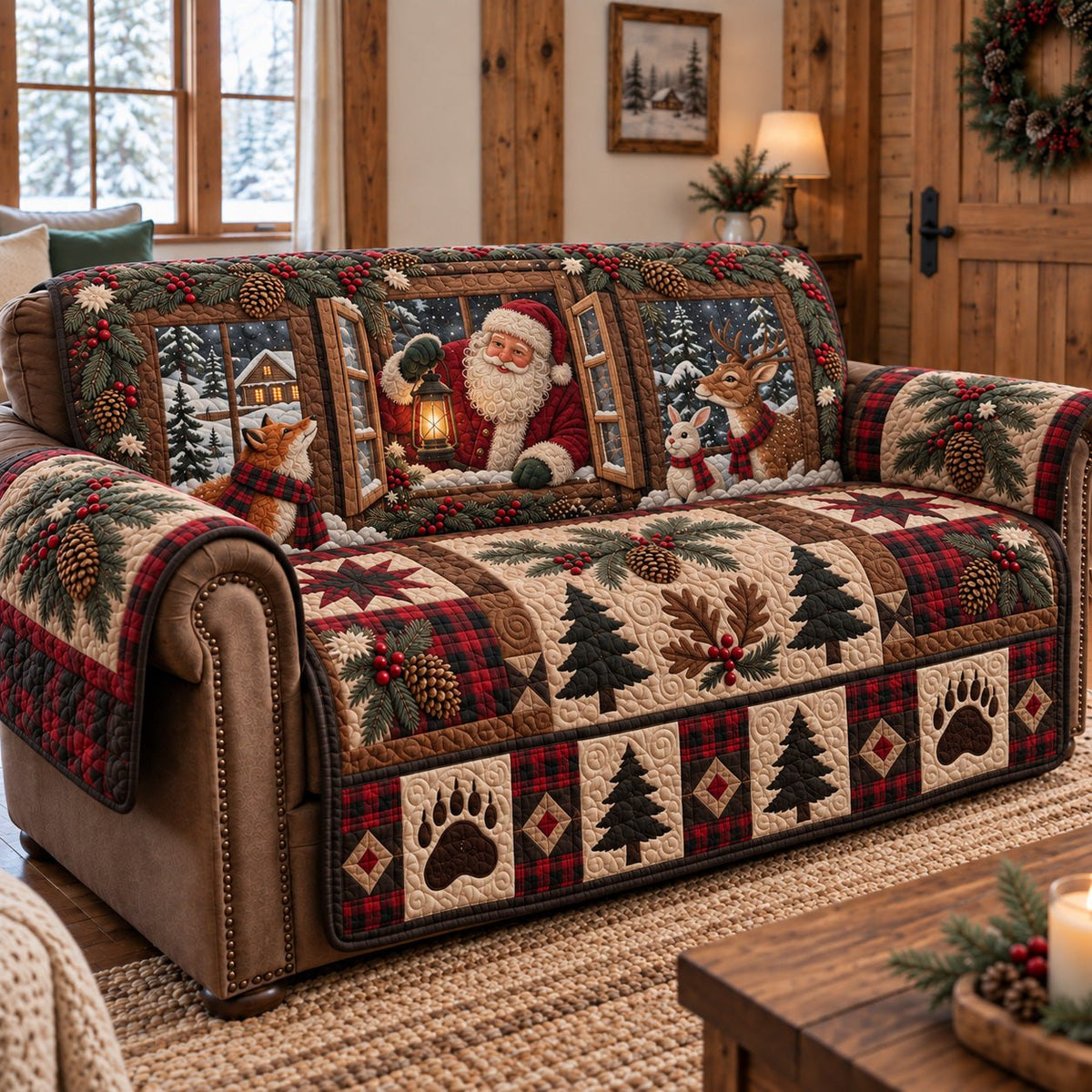 Paw Print Plaid Window Sofa Cover