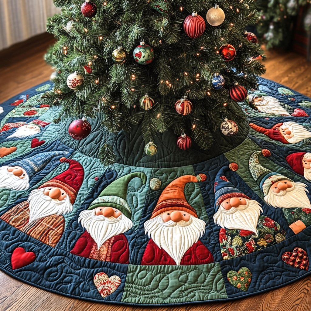 Santa Gnome Faces on Teal Christmas Tree Skirt