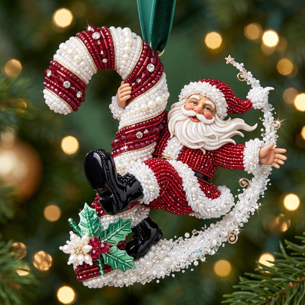 Candy Cane Crescent Santa Christmas Ornament