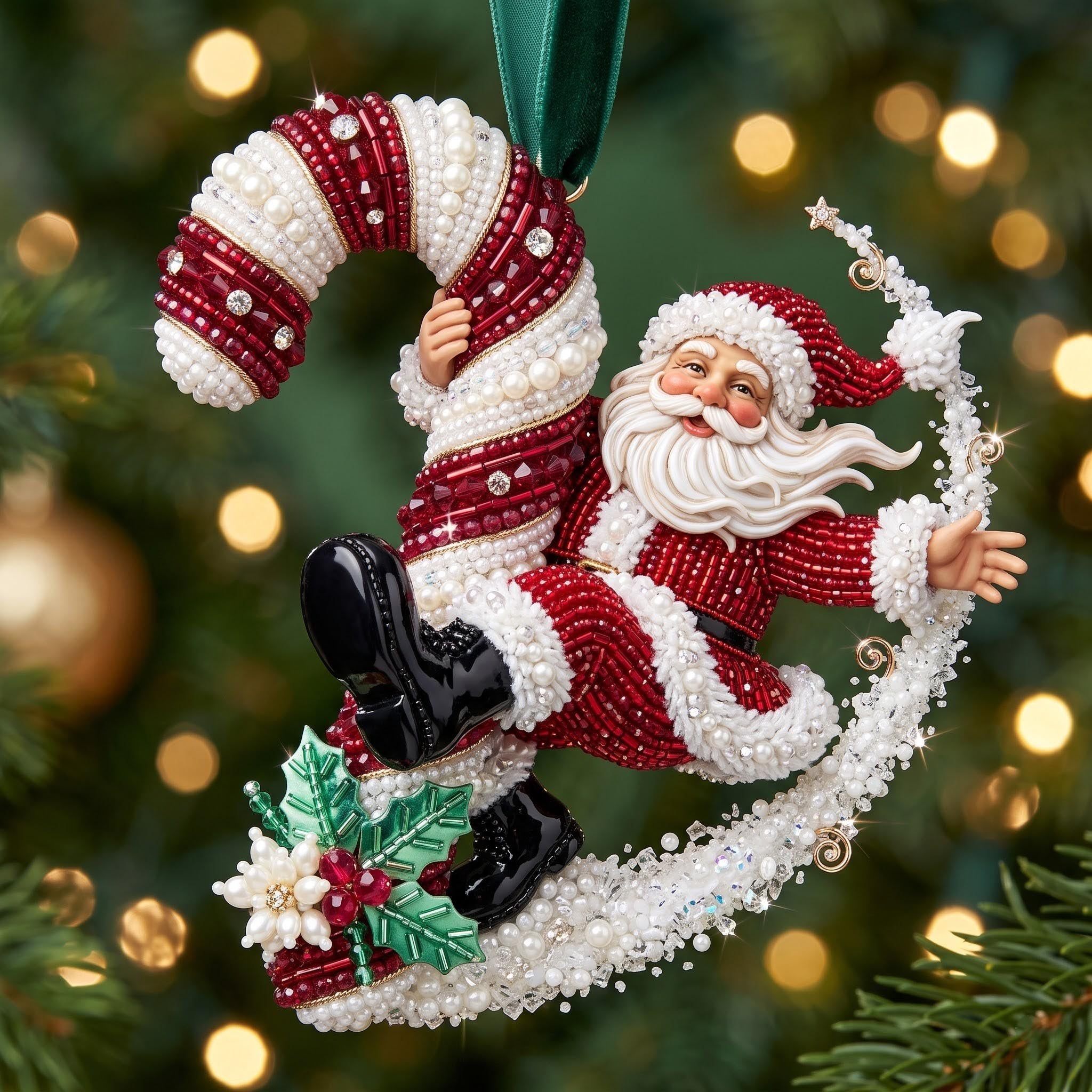 Candy Cane Crescent Santa Christmas Ornament