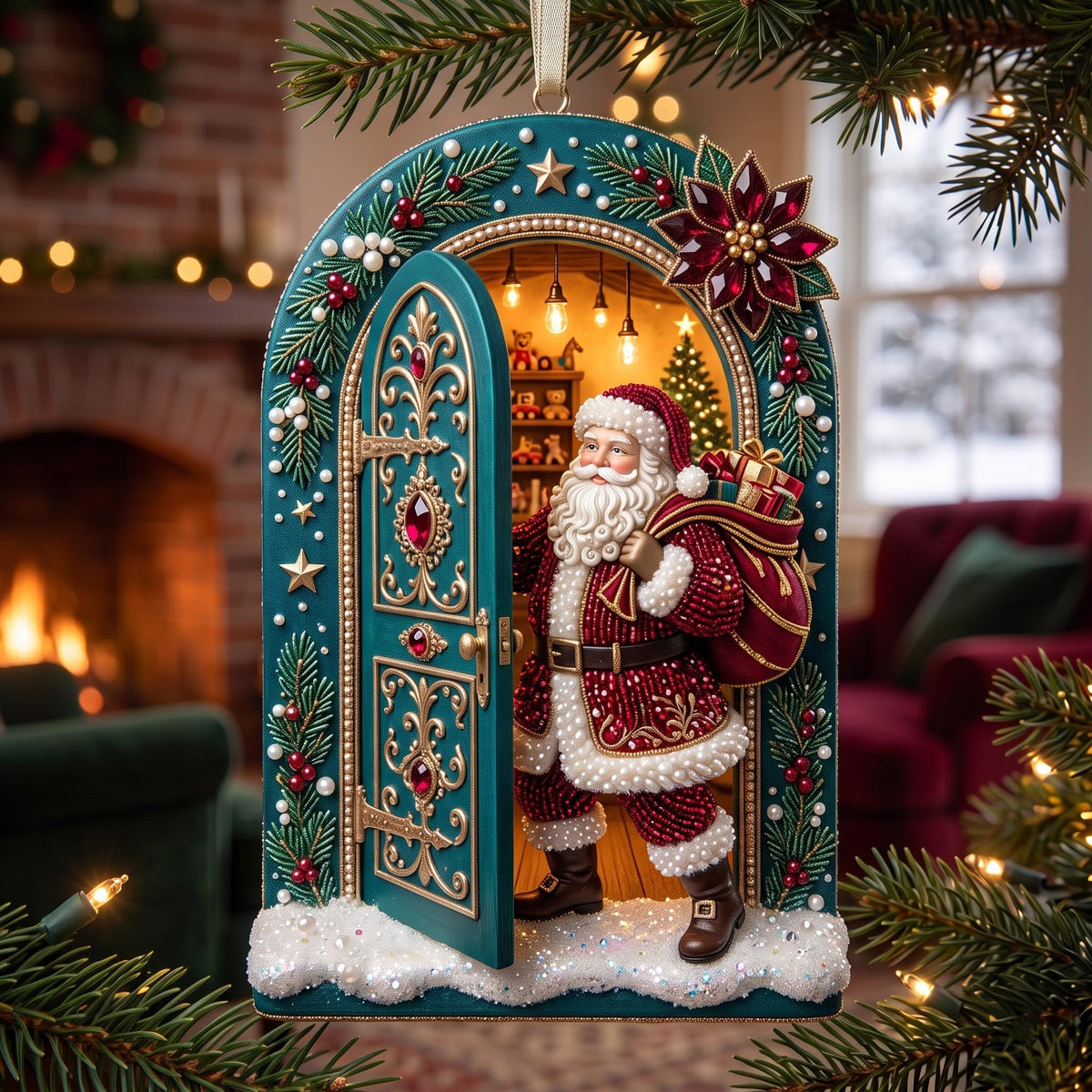 Santa at the Toy Shop Door Christmas Ornament