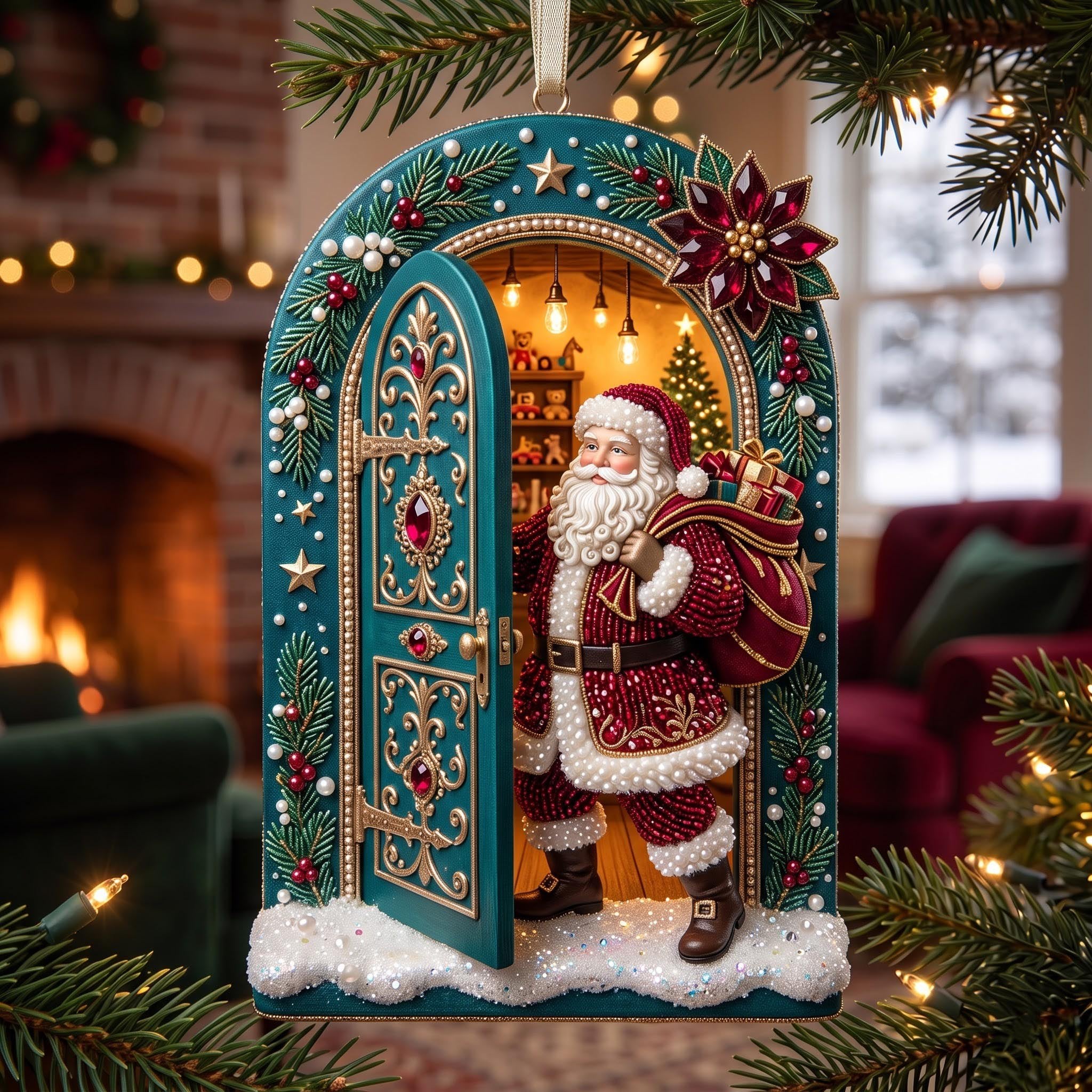 Santa at the Toy Shop Door Christmas Ornament
