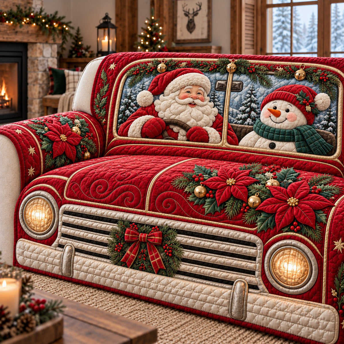 Red Truck Santa Snowman Sofa Cover