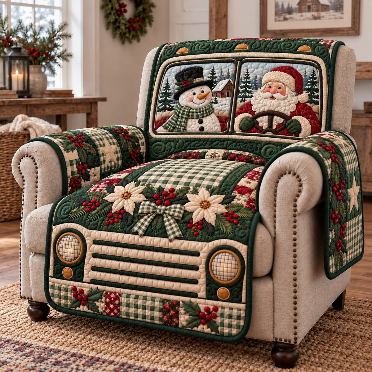 Gingham Truck Snowman Santa Sofa Cover