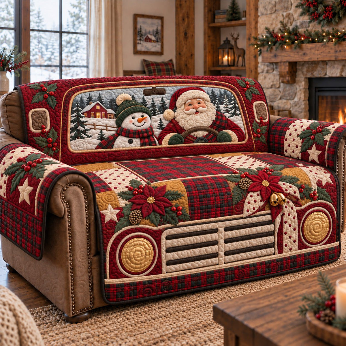 Plaid Truck Santa Village Sofa Cover