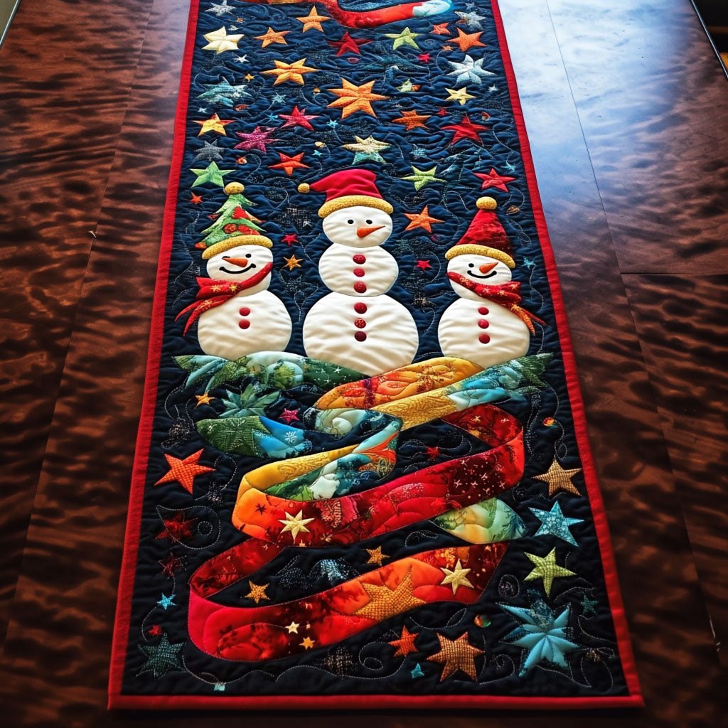 Snowmen with a Rainbow Scarf Table Runner