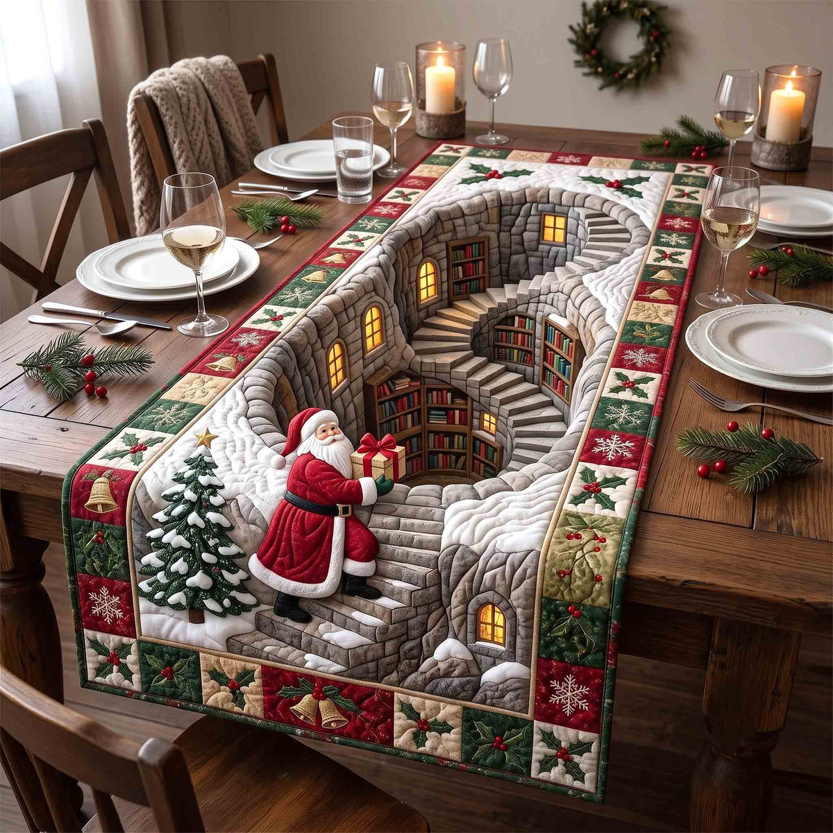 Stone Stairway Santa Gift Table Runner