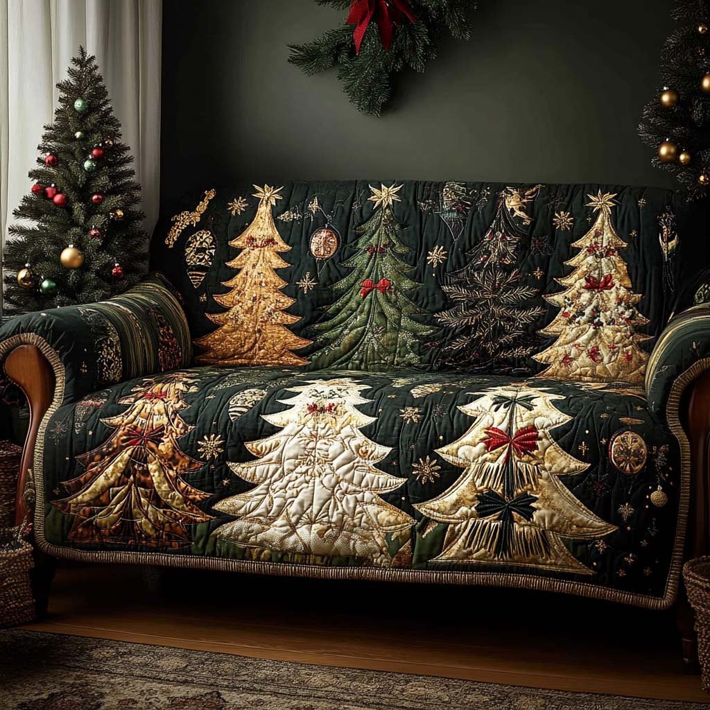 Golden Christmas Trees on Dark Green Sofa Cover